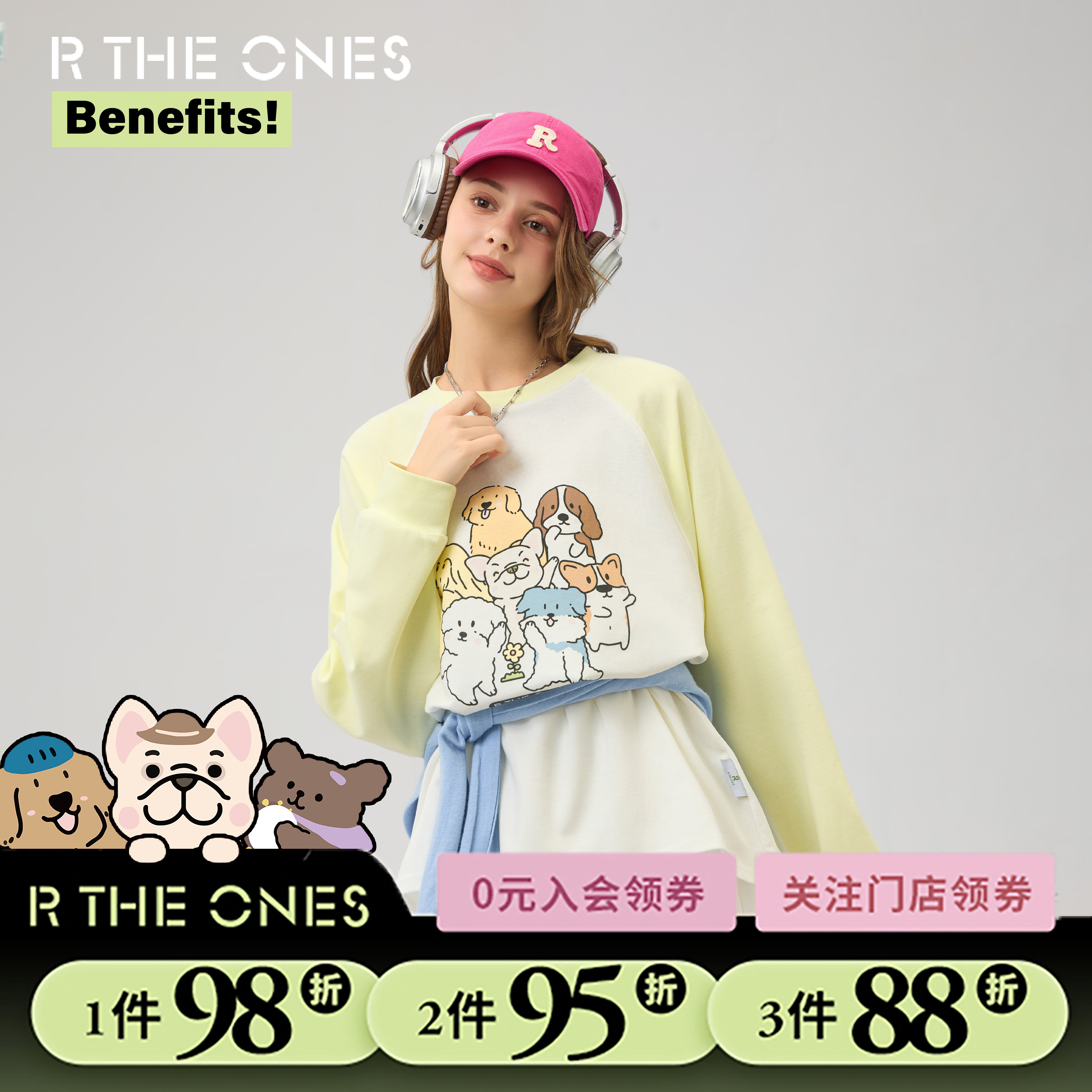 RTHEONES2025新款狗狗伙伴插肩长袖上衣宽松卡通圆领卫衣时尚男女