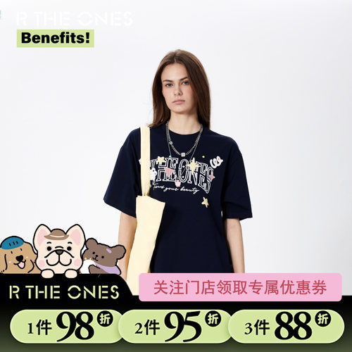 RTHEONES韩版星星贴布刺绣字母宽松圆领短袖T恤女夏季百搭上衣