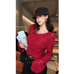 利达 NEW DADADA【活泼俏丽】红色圣诞毛衣女绣花镂空针织衫女