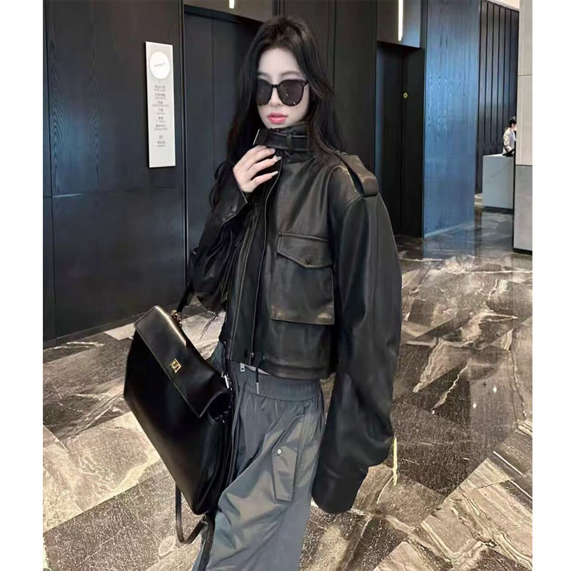 十三行秋装新款港风复古小众拉链机车服纯色长袖PU皮衣短外套女