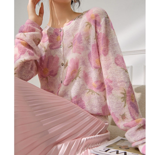 新款 长袖 法式 薄款 上衣 气质韩系上衣浅粉色印花针织开衫 2026春季