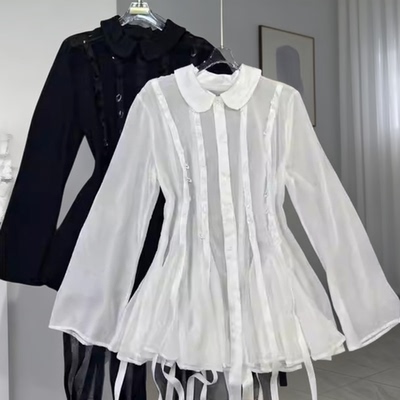 休闲时尚下摆荷叶花边长袖衬衫女