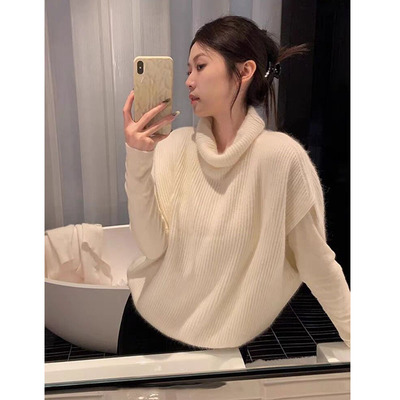 白色高领短袖针织衫毛衣马甲女