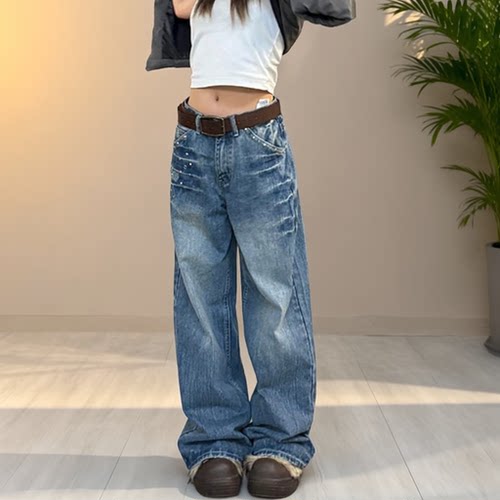 2026秋装新款美式复古休闲铆钉水洗高腰闪电做旧设计直筒牛仔裤女