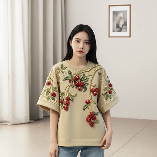 百搭时尚宽松钉珠圆领短袖T恤女