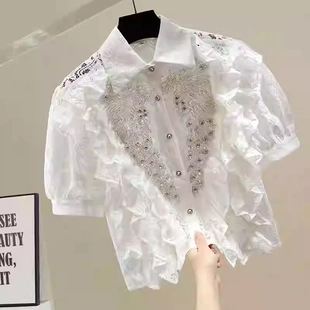 重工钉珠镶钻亮片设计感甜美木耳花边拼接钩花镂空短款蕾丝衬衫女