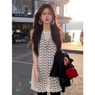大码女装法式钩花中长款背心连衣裙2026春季新款气质韩系叠穿裙子