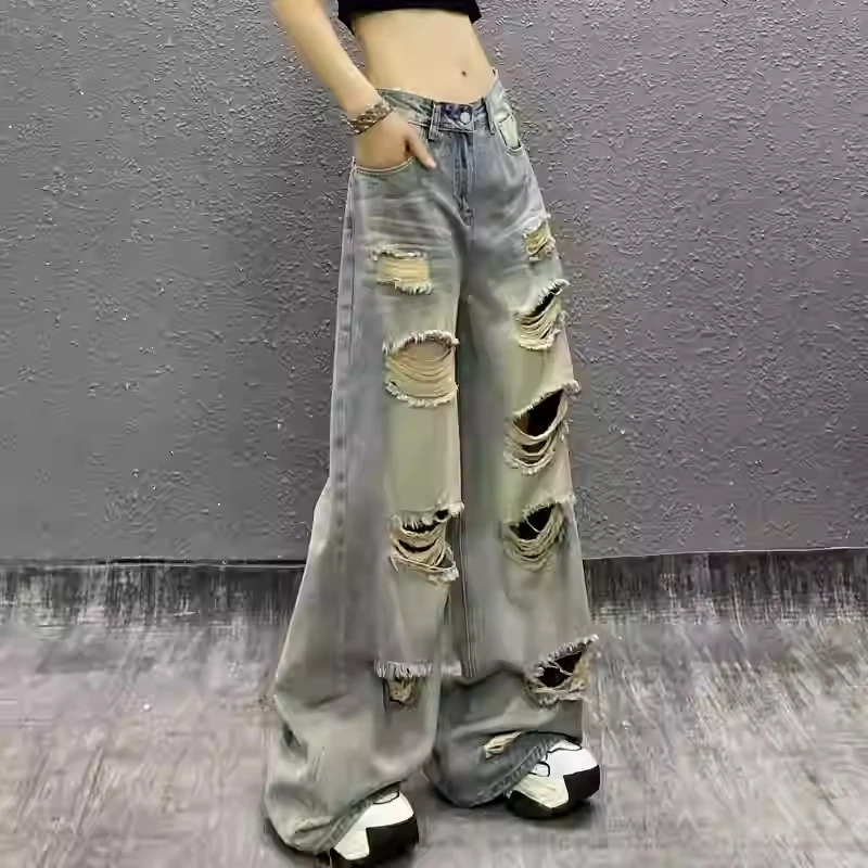 2025春季新款美式乞丐破洞直筒牛仔裤女潮ins洋气时尚高腰阔腿裤