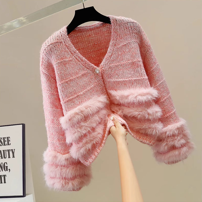V领针织开衫女毛毛拼接长袖上衣