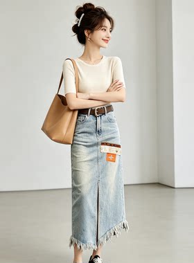原创定制高腰显瘦女款牛仔裙中长裙春夏时尚设计感刺绣新款半身裙