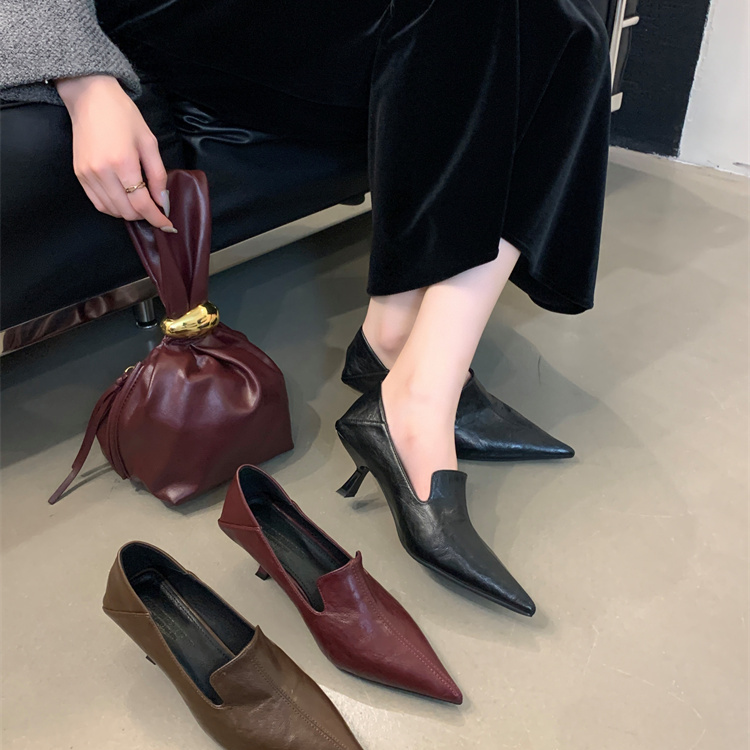 法式单鞋尖头高跟鞋细跟深口小皮鞋女2025春季新款气质百搭工作鞋