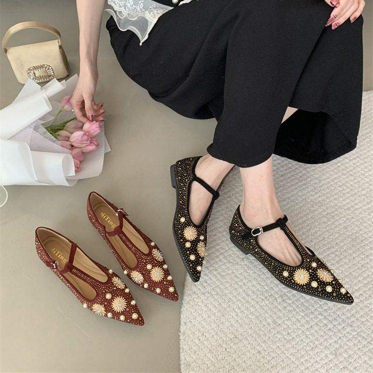 气质尖头玛丽珍鞋女串珠丁字扣平底软底浅口单鞋配裙子,女鞋,玛丽珍鞋,淘宝优惠券,粉丝福利购,淘宝优惠卷