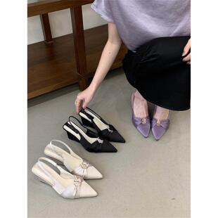 一字带优雅7cm跟包头凉鞋 浅口单鞋 高跟鞋 2026新款 女尖头坡跟春季