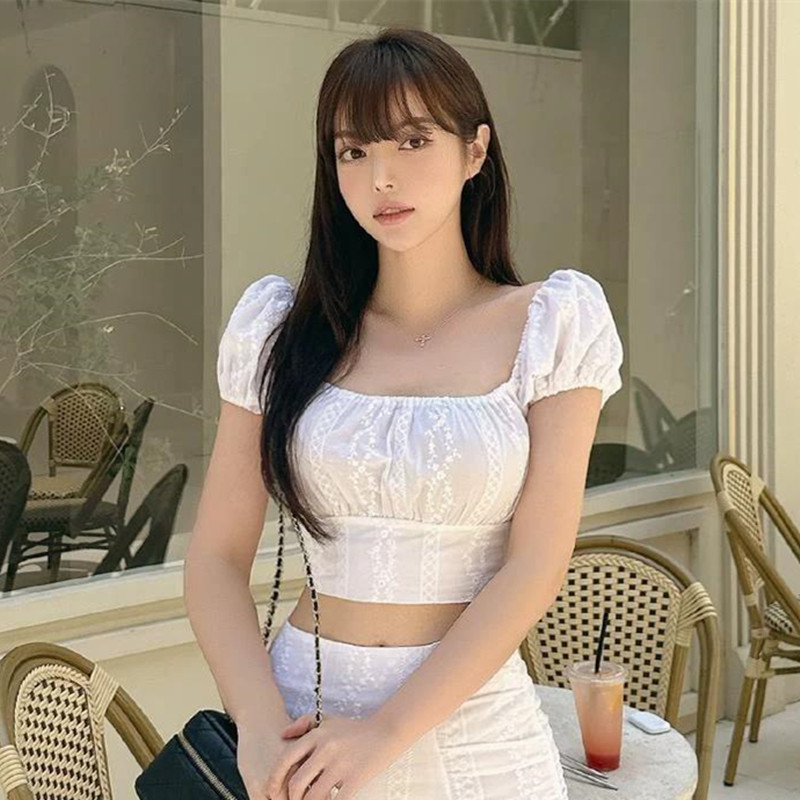 韩国东大门新款气质方领复古修身短款显身材百搭短袖衬衫T恤女