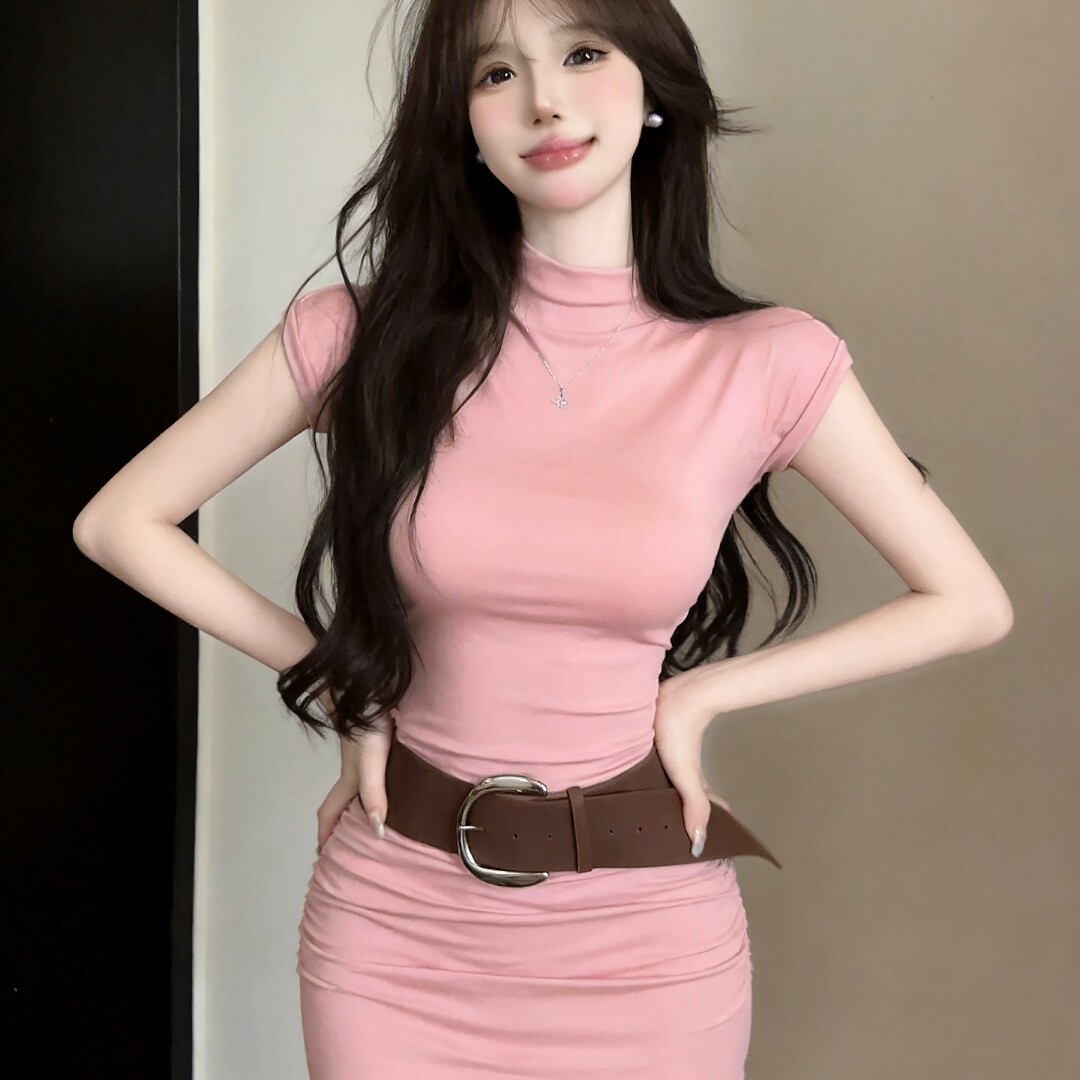 实价 温柔半高领弹力修身显身材短袖连衣裙褶皱收腰显瘦包臀短裙