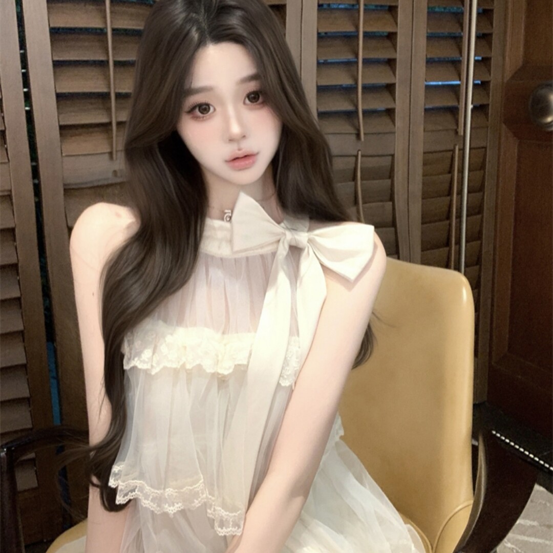 实价实拍蝴蝶结无袖挂脖连衣裙女纯欲风网纱蓬蓬A字裙