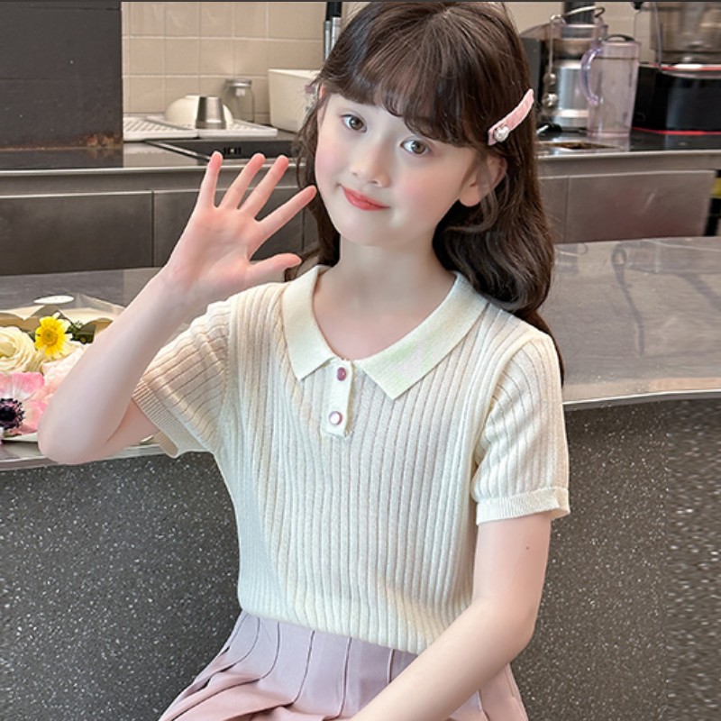 女童短袖冰丝T恤Polo衫夏2025新款儿童修身洋气薄款针织休闲上衣