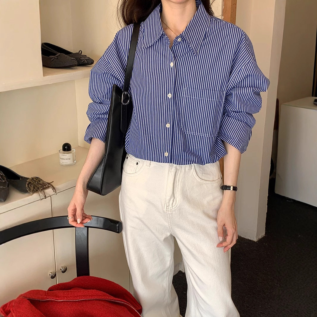 韩系蓝色竖条纹衬衫女秋季2025新款慵懒宽松休闲百搭长袖衬衣上衣