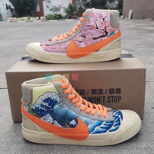 Blazer off white ow联名球鞋定制手绘神奈川冲浪里樱花diy涂鸦