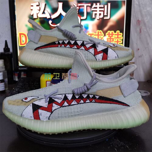 INS手绘定制yeezy亚洲限定天使椰子鞋350v2涂鸦改色diy鲨鱼嘴彩绘