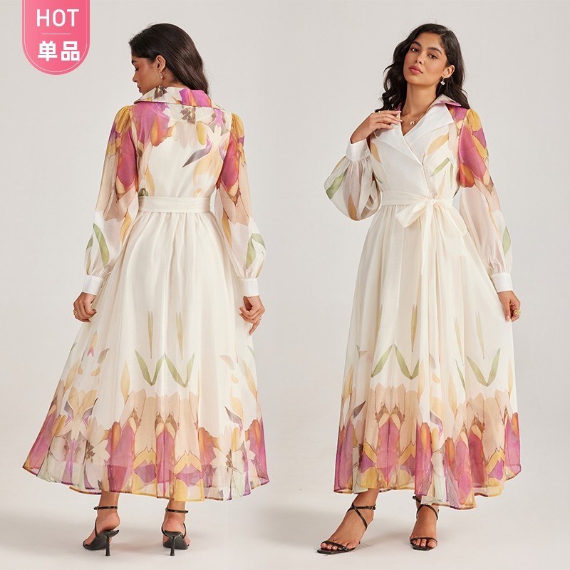 度假风长袖印花连衣裙欧式宫廷风时尚精致翻领系带收腰优雅长裙女