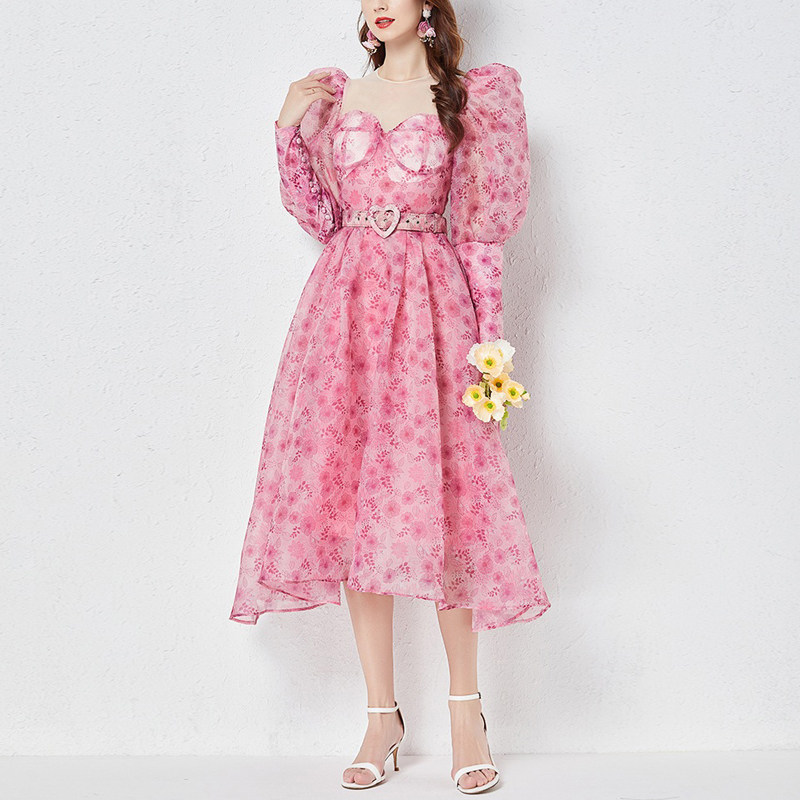 明星同款粉色碎花蓬蓬裙走秀礼服长裙法式英伦风大码公主连衣裙女