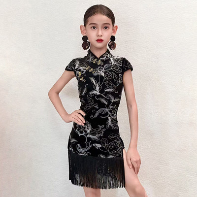 丝绒高档改良开叉流苏拉丁舞服女
