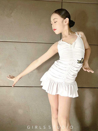 夏季新款儿童拉丁舞练功服女连体蝴蝶装饰练习套装白色简约演出服