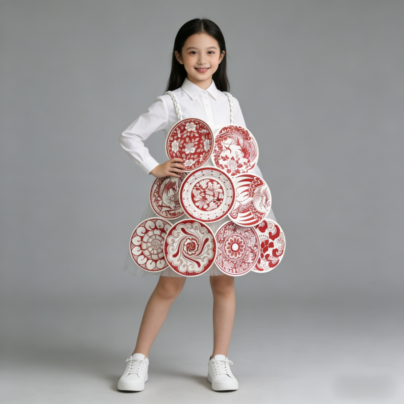 环保时装秀服装儿童中国风青花瓷幼儿园手工diy塑料袋环保衣服