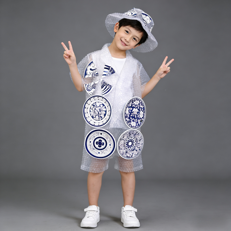 男孩环保时装秀服装幼儿亲子走秀中国风青花瓷手工diy创意环保衣