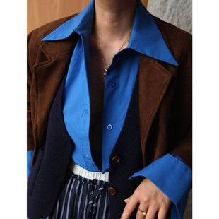 松弛感直角肩长袖 设计感克莱因蓝色衬衫 法式 百搭上衣 1st编辑店