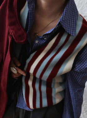 A'1st编辑店 法式复古条纹针织马甲背心女外搭叠穿无袖坎肩上衣