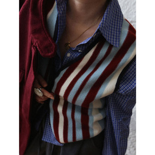 复古条纹针织马甲背心女外搭叠穿无袖 法式 坎肩上衣 1st编辑店