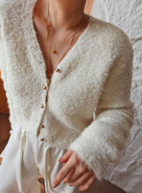 A'1st编辑店 法式慵懒风软糯圈圈绒白色针织开衫气质v领毛衣外套