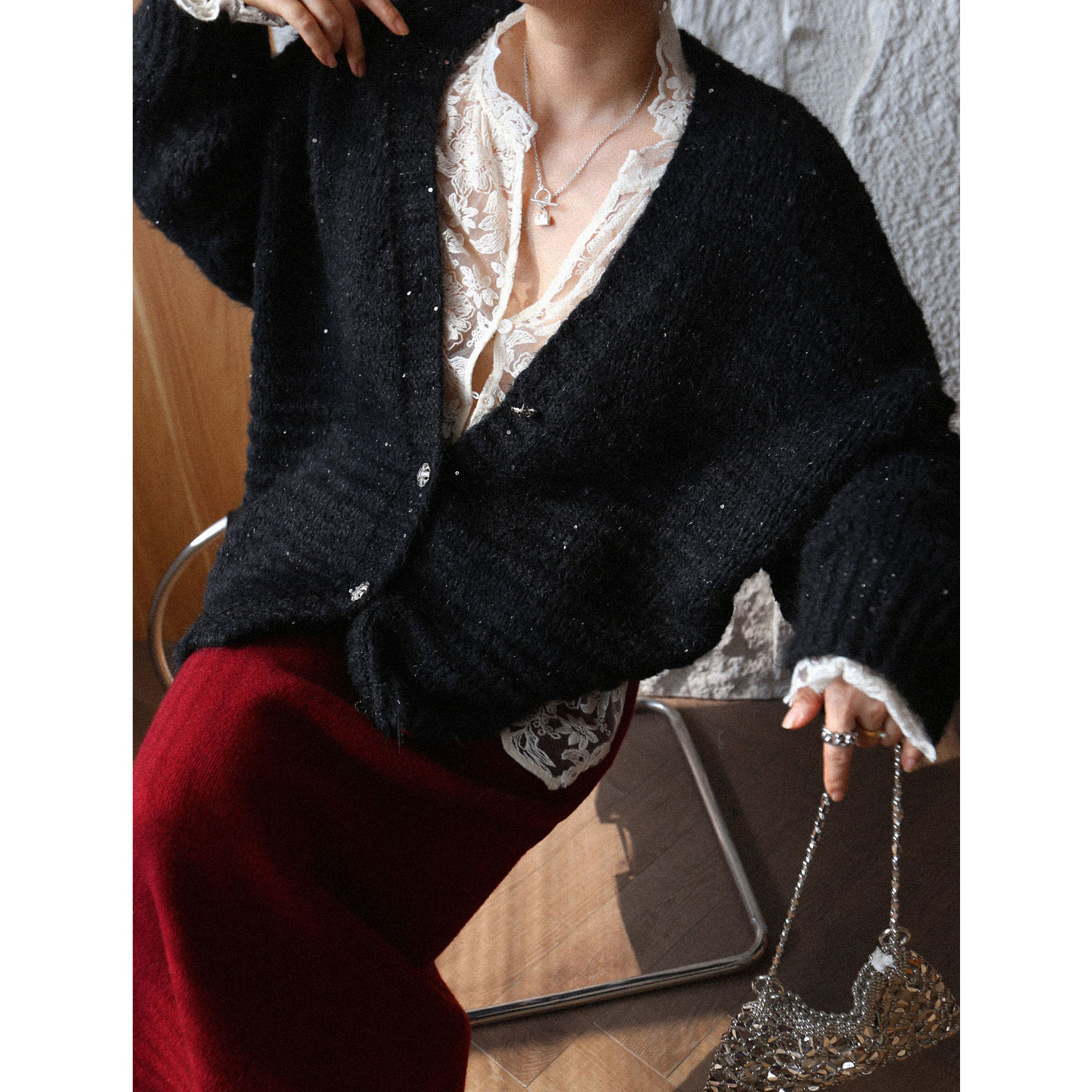 复古亮片黑色针织开衫外套