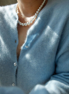 A'1st编辑店 云朵感羊绒拉绒蓝色针织开衫法式温柔系宽松圆领毛衣