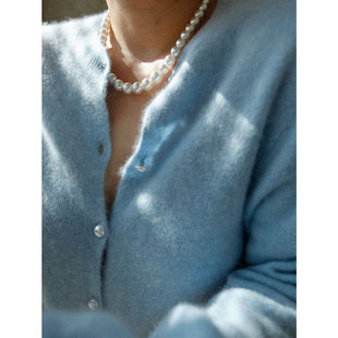 法式 云朵感羊绒拉绒蓝色针织开衫 温柔系宽松圆领毛衣 1st编辑店