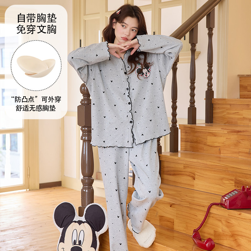 甜美风米奇印花带胸垫睡衣女长袖棉质舒适居家风家居服套装