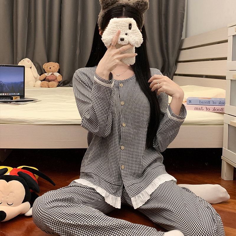 韩版格子睡衣女长袖开衫式带胸垫防凸点可外穿家居服套装