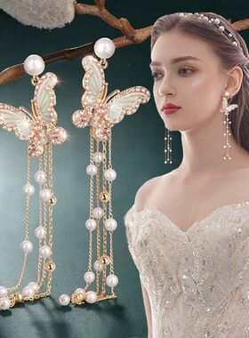 S925银针超仙蝴蝶耳环2019新款潮韩式气质长款耳坠时尚个性耳饰女