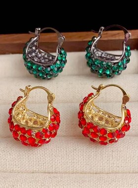 新款显白绿色锆石花篮耳饰轻奢高级感复古耳环女时尚精致耳钉耳