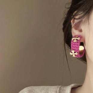 爆款高级感毛线编织耳钉十字街C形耳环耳圈秋冬小众设计耳饰银针