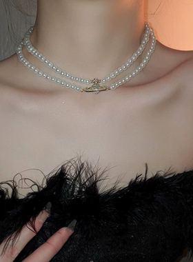 满钻小土星双层放珍珠项链