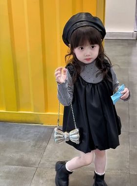 2025春秋新款女童皮衣套装波点复古裙女网红少女风常规女孩两件套