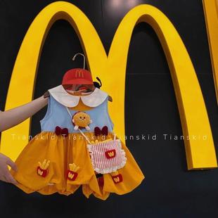 女童连衣裙夏季新款宝宝可爱汉堡背心裙韩版儿童娃娃领花苞公主裙