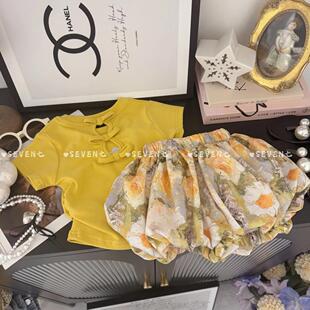 套装 后背绣花蝴蝶结T恤花苞短裤 创意油画 新款 女童两件套2026夏季