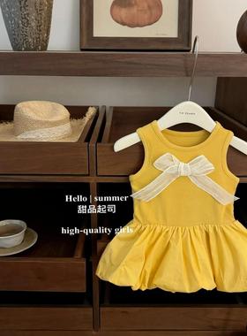 2025夏季新款芭蕾女孩!女童鹅黄色冰感螺纹蓬蓬背心裙甜美花苞裙