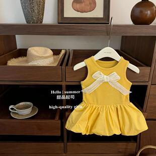 2026夏季新款芭蕾女孩!女童鹅黄色冰感螺纹蓬蓬背心裙甜美花苞裙