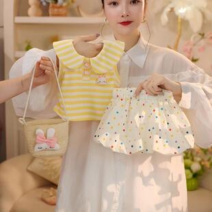 2026夏季新款女小童黄色海军领上衣+彩色波点套装卡通条纹两件套