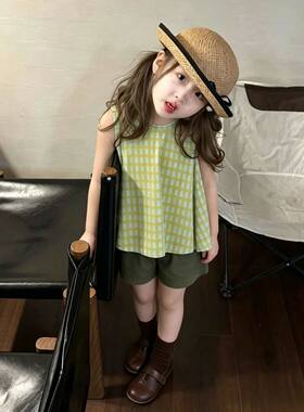 女童夏季绿色格子背心短裤套装